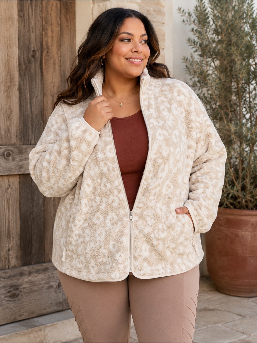 All In Motion Jacket Sherpa Beige Leopard Full Front Zip NWT